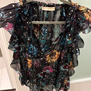 Ulla Johnson Black Multicolor Floral Ruffle Blouse